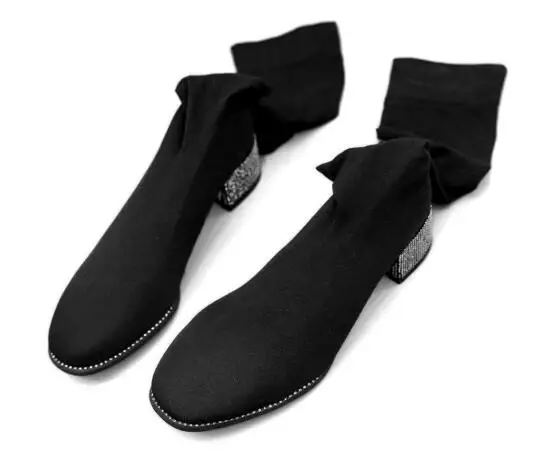 

Spring and autumn new black square toe medium heel thigh boots for women Ladies'stretch fabric chunky heel over-the-knee boots