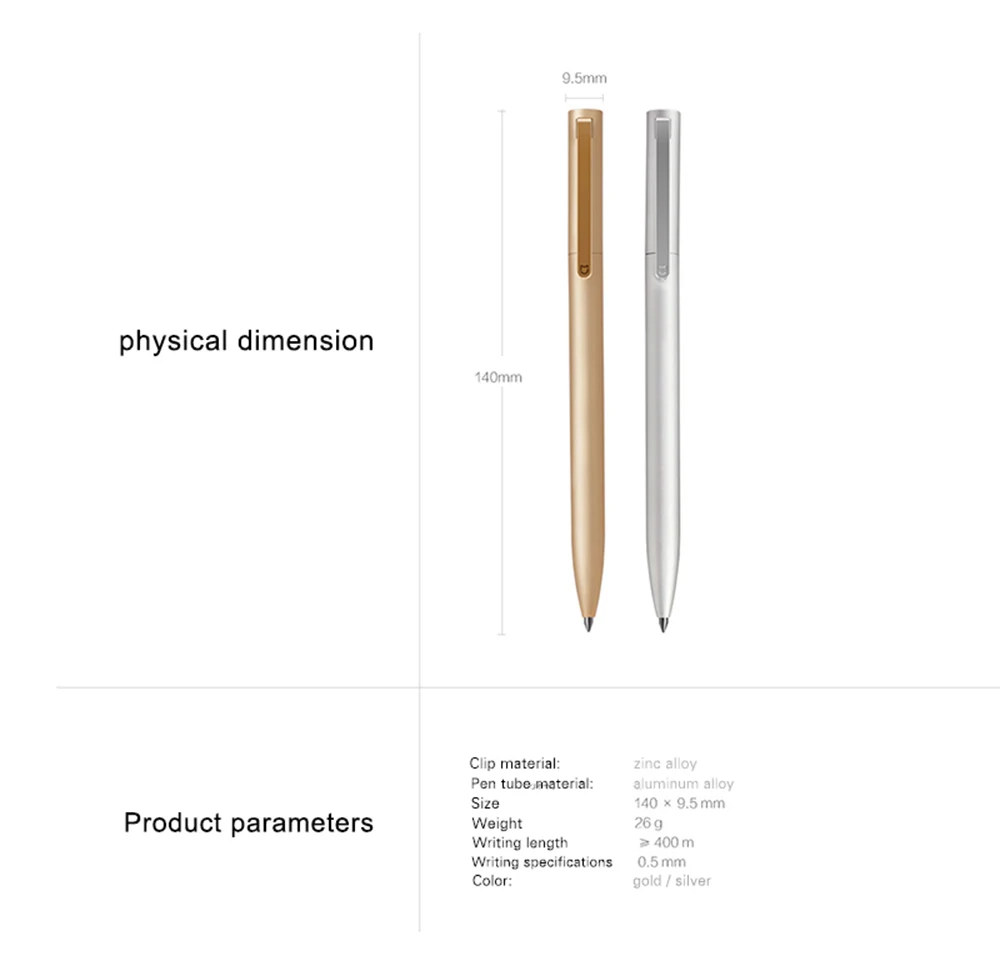 2 цвета,, Xiao mi jia, металлические ручки, гладкие, швейцарские, сменные, 0,5 мм, ручки для подписи, mi, ручки из алюминиевого сплава