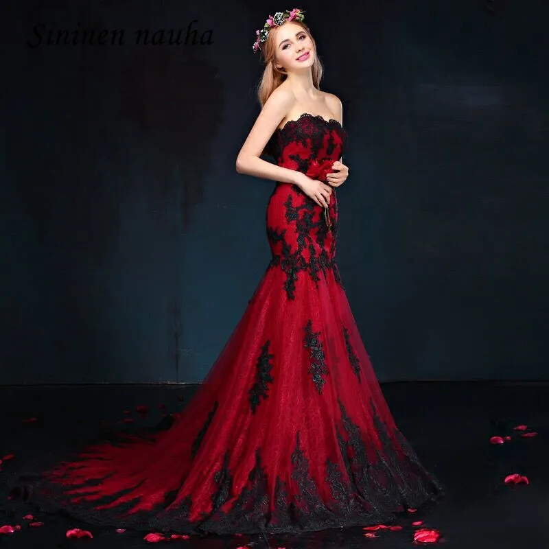 Красное длинное вечернее платье на выпускной с лифом сердечком черное с аппликацией и юбкой-годе вечерние официальные платья, платья De Festa