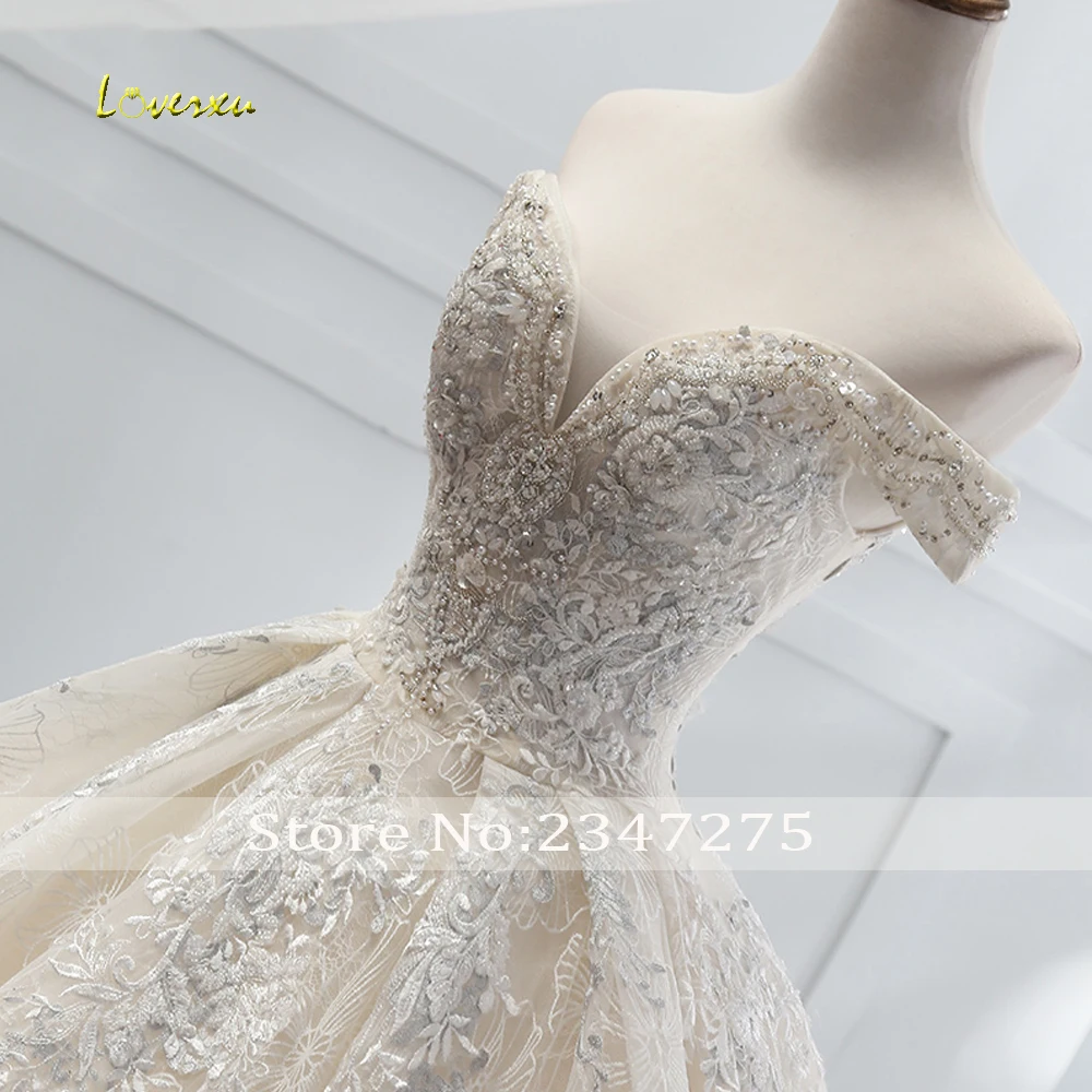 Loverxu Vestido De Noiva, вырез лодочкой, кружевное бальное платье, свадебное платье,, Королевский Шлейф, Аппликации, расшитые бисером, принцесса, свадебное платье размера плюс