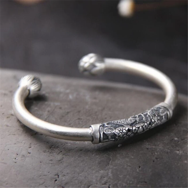 

100% Real 990 Pure Silver Vintage Fish & Lotus Flower Open Bangles For Women Silver Jewelry High Quality 8MM Wide 24g