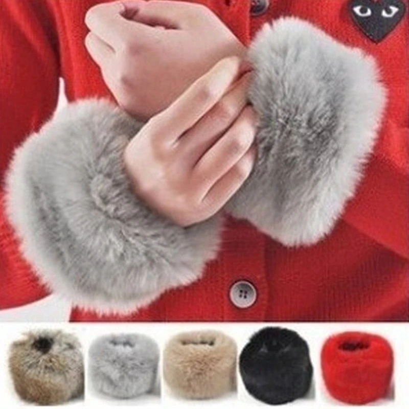 Women Faux Fur Cuff Oversleeve Wrist Gloves Wristband Windproof Arm
