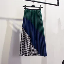 Цветная клетчатая плиссированная юбка в уличном стиле, полосатые юбки до середины икры в стиле пэчворк, повседневные женские плиссированные юбки
