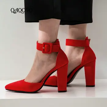 

Women Summer High Heels Sandals Flock Sqaur High Heel Ladies Shoes Pumps Fashion Buckle Party Heels Shoes Big Size 34-43