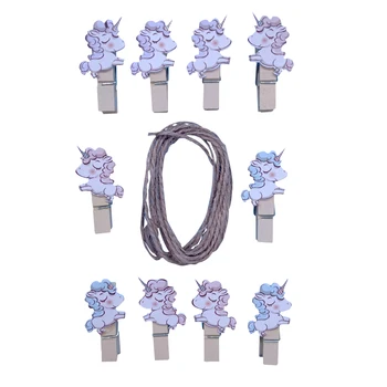 

10pcs/lot Kawaii Unicorn Wooden Clip Rope with hemp Photo paper Craft Clips Party Decoration Clips Hung photos