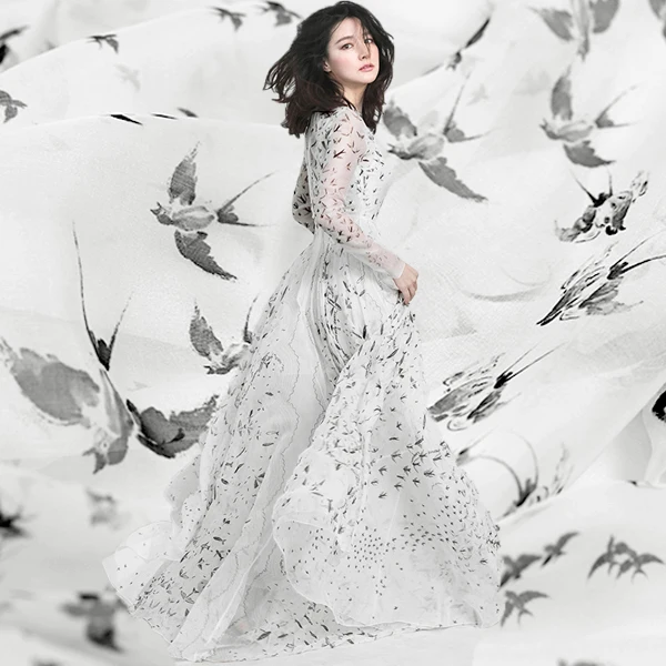 

Width 140cm fashion The swallows return digital painting Silk natural chiffon fabric for dress tissu au meter bright cloth DIY