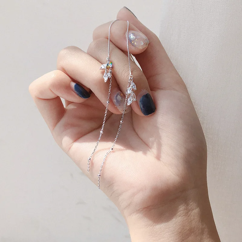 tassel ear line zircon leaves dangle earring 100% 925 Sterling silver Jewelry fashion Hypoallergenic dangle earrings women gift