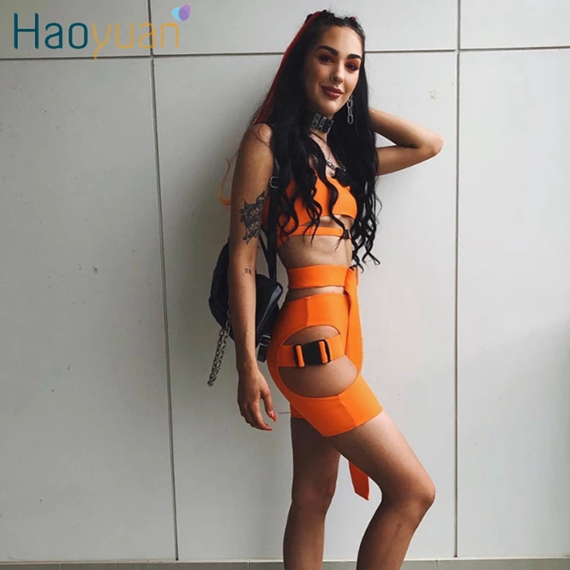 

HAOYUAN Neon Green Two Piece Set Tracksuit Women Summer Top and Biker Shorts Rave Festival Sexy Club Outfits 2 Pcs Matching Sets