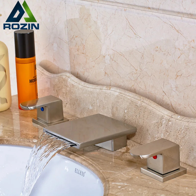 

Modern Square Waterfall Spout Two Knob Basin Faucet Tap Widespread Deck Mount Bathroom Sink Washing Basin Mixer Taps