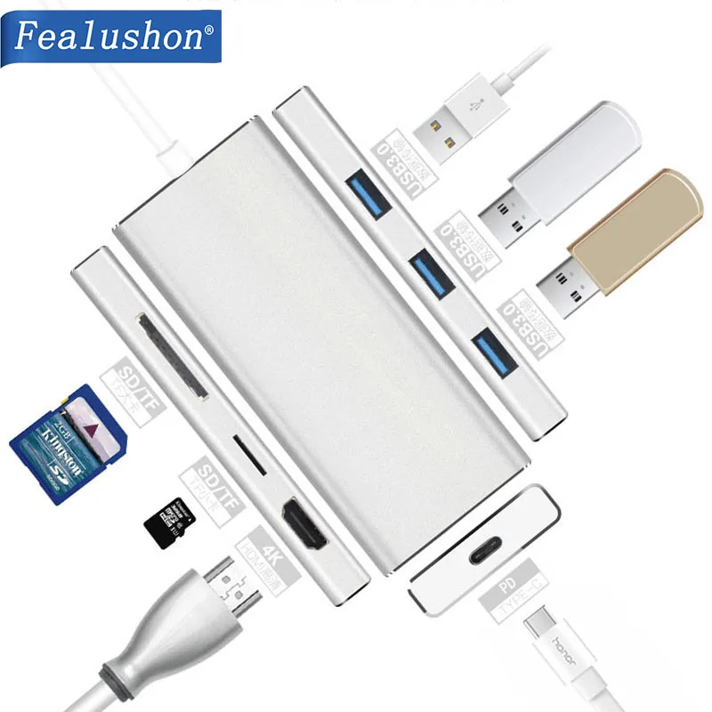 Док-станция Fealushon с разъемом типа C, HDMI, USB, концентратор питания для ноутбука Macbook Pro, hp, DELL, lenovo, samsung, док-станция