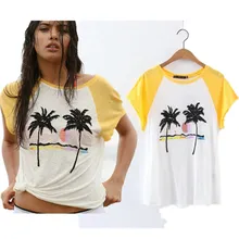 withered women’s summer t-shirt Coconut trees embroidery print Color matching beach sexy o-neck loose crop tees women tops 2017