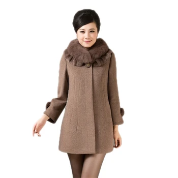

Plus Size 5XL Luxury Women Winter Faux Fur Collar Wool Blends Coats Female Middle Age Women Slim Single Breasted Outerwear O272