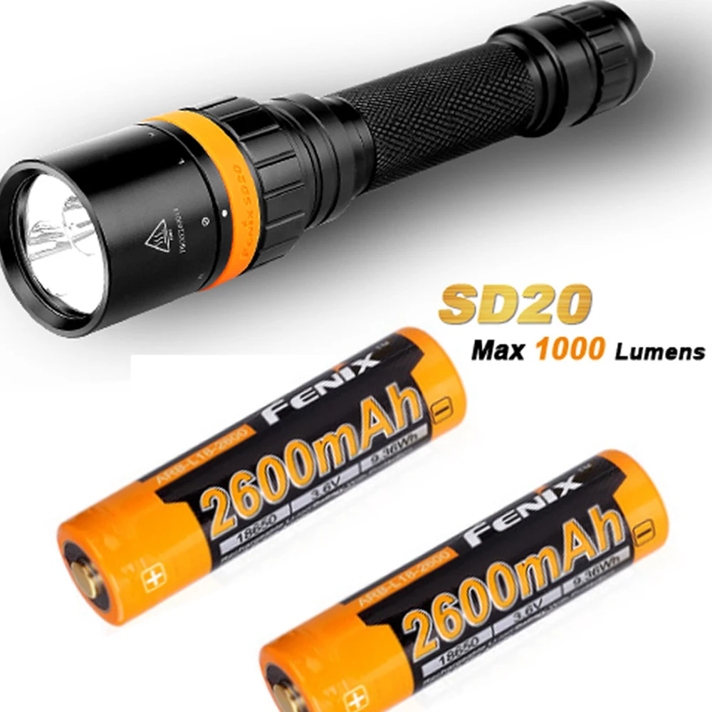 

Fenix SD20 1000 Lumen CREE LED 100 meter submersible Diving Flashlight with 2 x ARB-L18-2600 battery