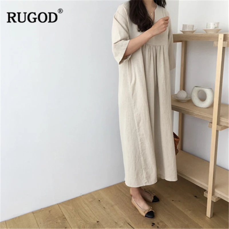 

RUGOD 2019 New Arrival Women Solid Dress V-neck Three Quarter Sleeves Loose Slim Straight Vestidos Casual Vintage платье