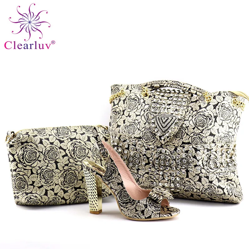 

Clearluv Gold flowers Spike heel African women Italian shoes with matching bag Nigeria in high quality Italian shoes and bags