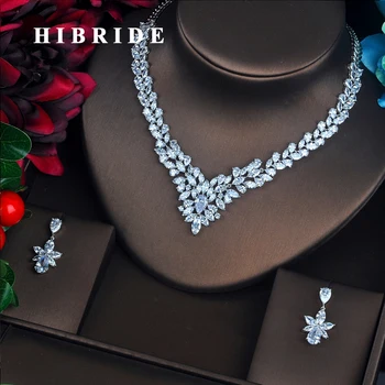 

HIBRIDE Classic American Style Clear Stone Long 44cm Pendant Necklace White Gold Color Women Bridal Jewelry Sets N-156