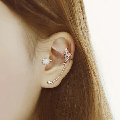 

Trendy Unique Crystal Angle Wings Clip Earring Ear Cuff Earring Chain Link Clip On Earrings 2E232
