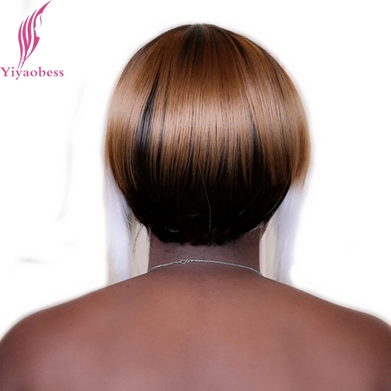 Yiyaobess 10inch Straight White Brown Highlights Short Hair With Neat Bangs Synthetic UK Ombre Wigs For Women Yiyaobess 10inch Straight White Brown Highlights Short Hair With Neat Bangs Synthetic UK Ombre Wigs For Women