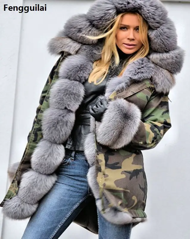 Najtaniej Futro europejski amerykański długi kaptur kurtka do kamuflażu jesienno zimowa moda w stylu nowa kurtka z charakterem Slim ciepły płaszcz damski