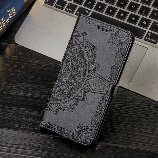 Кожаный чехол-книжка с цветком для iPhone 11 Pro XS Max 5 5S SE 6 6S 7 8 Plus XS X XR защитный чехол с держателем для карт Telefon Etui - Цвет: Black