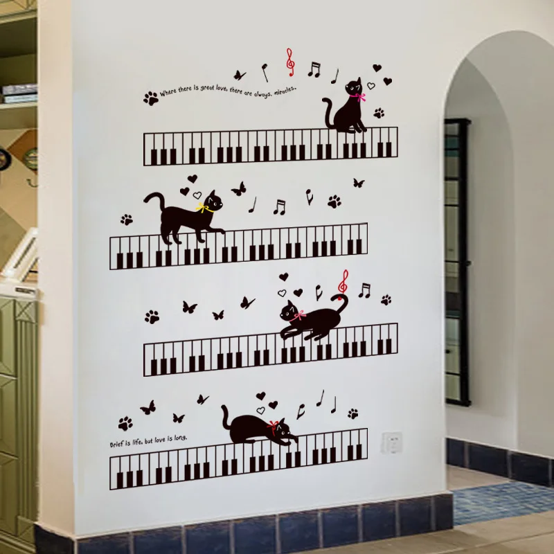 Наклейки на стену с изображением кота на фортепиано для детской комнаты, спальни, художественный фон, плинтус, ПВХ, плинтус, Бабочка, Настенный декор