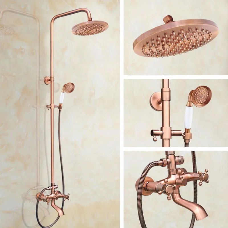 

8 Inch Round Rain Shower Head Vintage Red Antique Copper Bathroom Wall Mount Rainfall Handshower Shower Set arg516