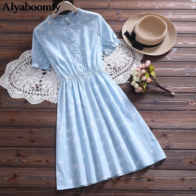 

Preppy Style Summer Women Cute A-Line Dress Ruffled Collar Butterfly Printed Vestidos De Festa Elegant Pink Blue Mori Girl Dress