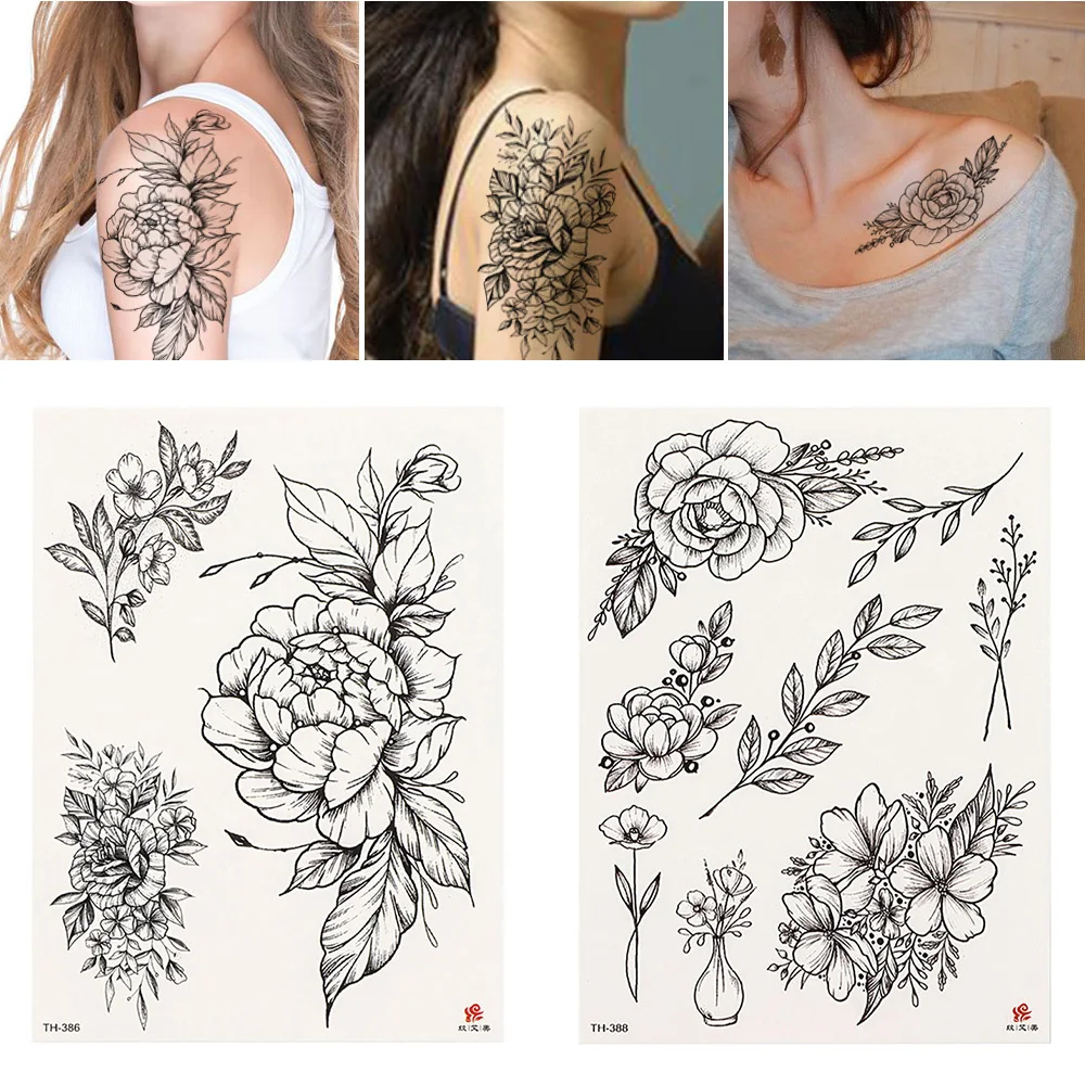 Временная татуировка на руку 21 см * 15 черная роза водостойкая долговечный модный