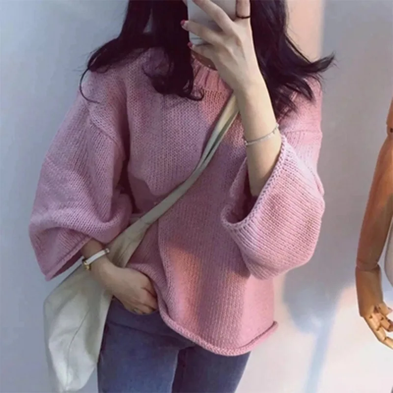 

Knitted Sweater Women Bat Sleeve Loose Pullover Soft Warm Autumn Casual Jumper Basic Sweaters 2019 Korean Style Knit Tops Femme
