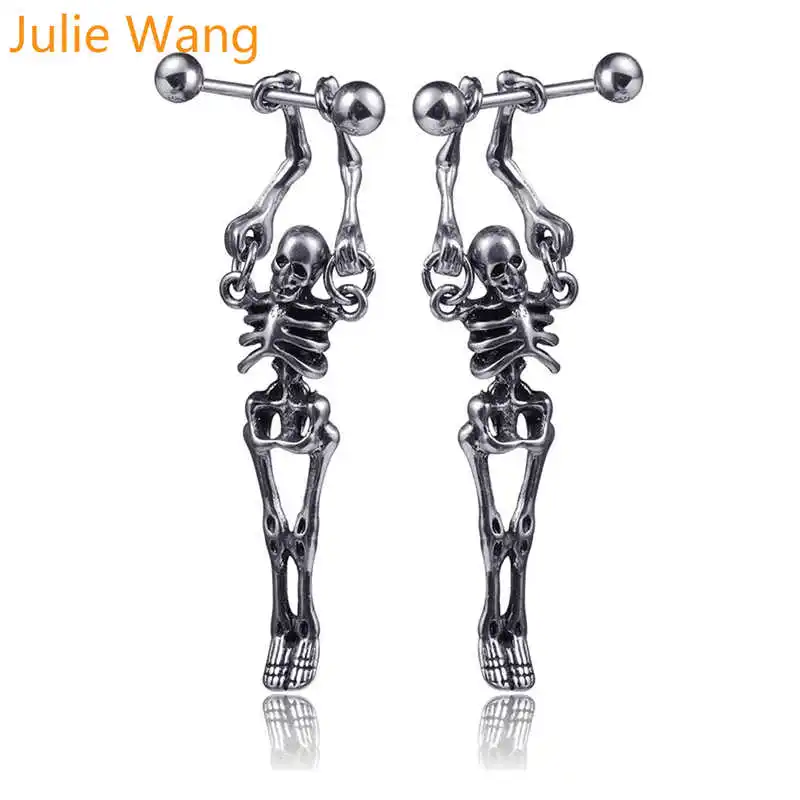 

Julie Wang 1PCS (Not Pair) Skeleton Skull Stud Earrings Stainless Steel Human Body Bone Earrings Fashion Punk Men Women Jewelry