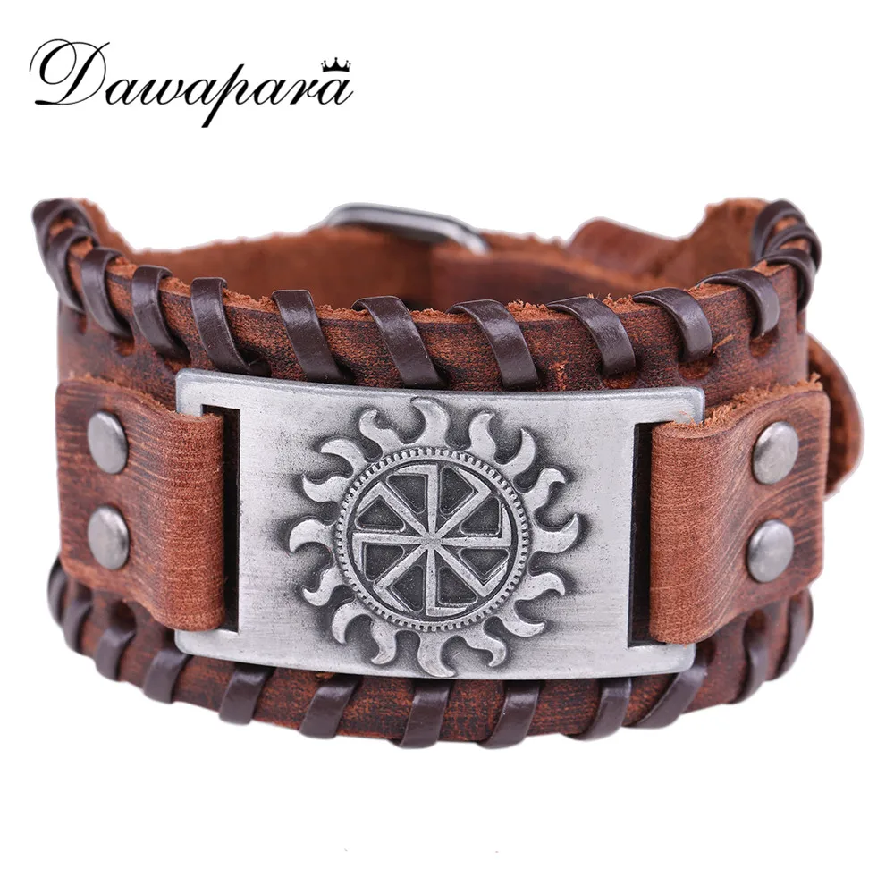 

Dawapara Sun Wheel Vintage Bangles For Men Handmade Brown Wide Leather Bracelets For Man Amulet Jewelry BROWNB109576-9-W-L