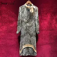 Svoryxiu Designer Autumn Vintage Leopard Pleated Long Dress Women's Elegant Bow Collar Long Sleeve Female Party Dresses Vestidos