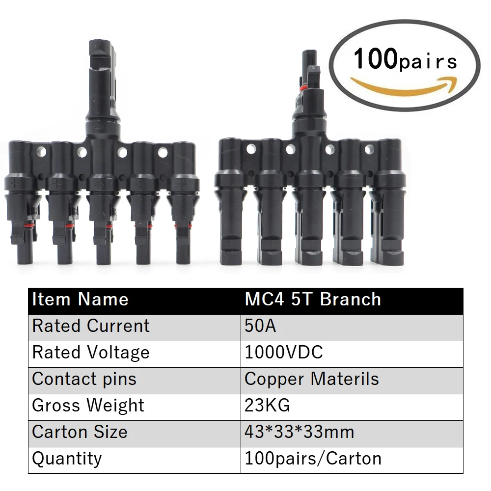 

100 pair / Carton MC4 5T Connector male and female, MC4 5 Branch Solar Panel Connector used for Solar module parallel connection