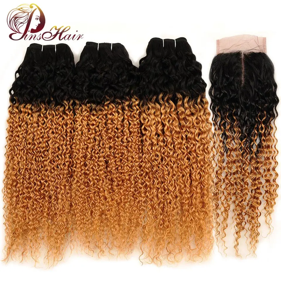 

Pinshair Malaysian Ombre Jerry Curly Hair 3 Bundles With Closure 1B 27 Blonde Human Hair Weave Bundle With Closure Non Remy Hair