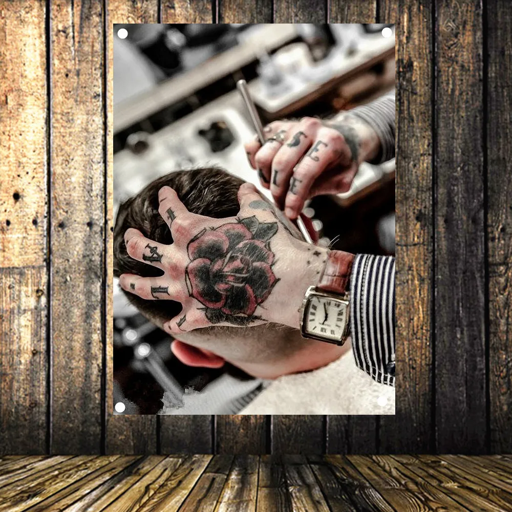 

Barber Shop Tattoo Banner Cloth Art Retro Poster Tapestry Flag Mural Hanging Painting Hairdresser's Background Decor Cloth