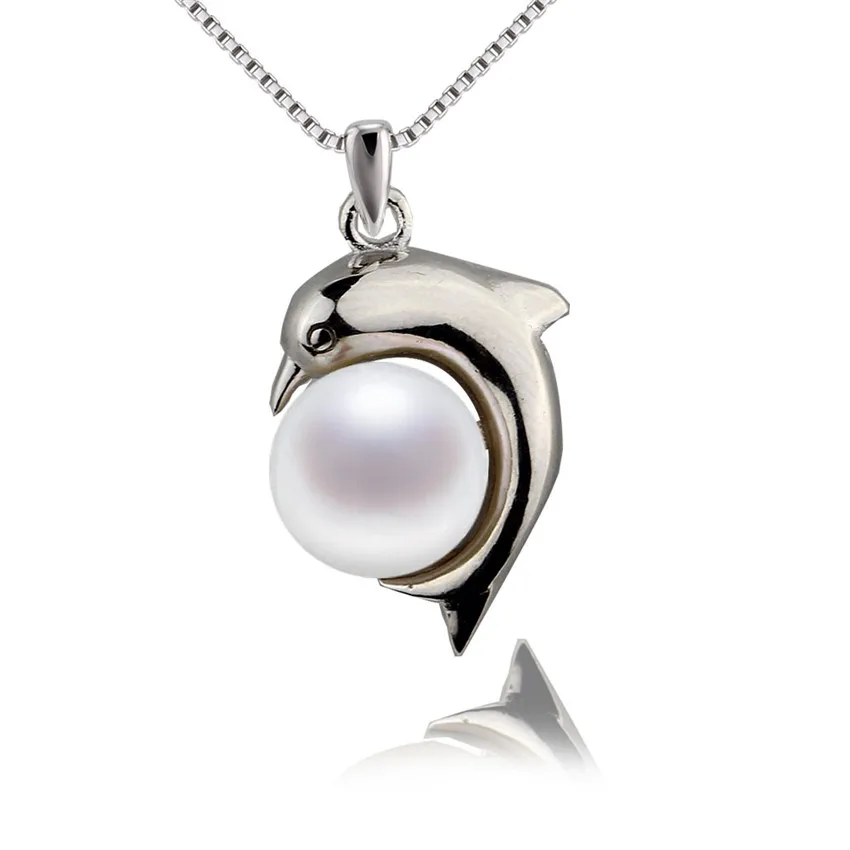 

SNH 9mm button lovely dolphin design 925 sterling silver genuine freshwater pearl pendant necklace AAA natural pearl jewelry