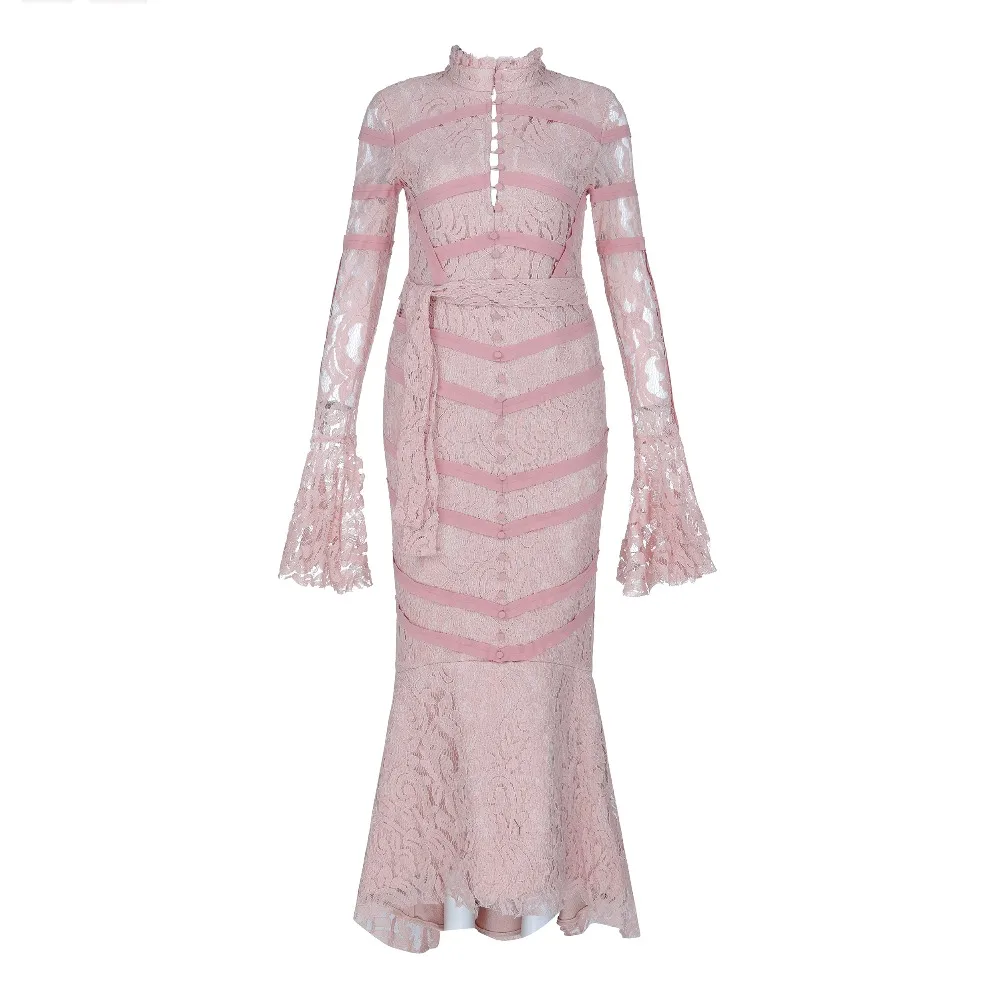 Вязаное Бандажное платье с длинным рукавом и кружевом, новинка, розовое Бандажное платье-светильник с поясом «рыбий хвост»