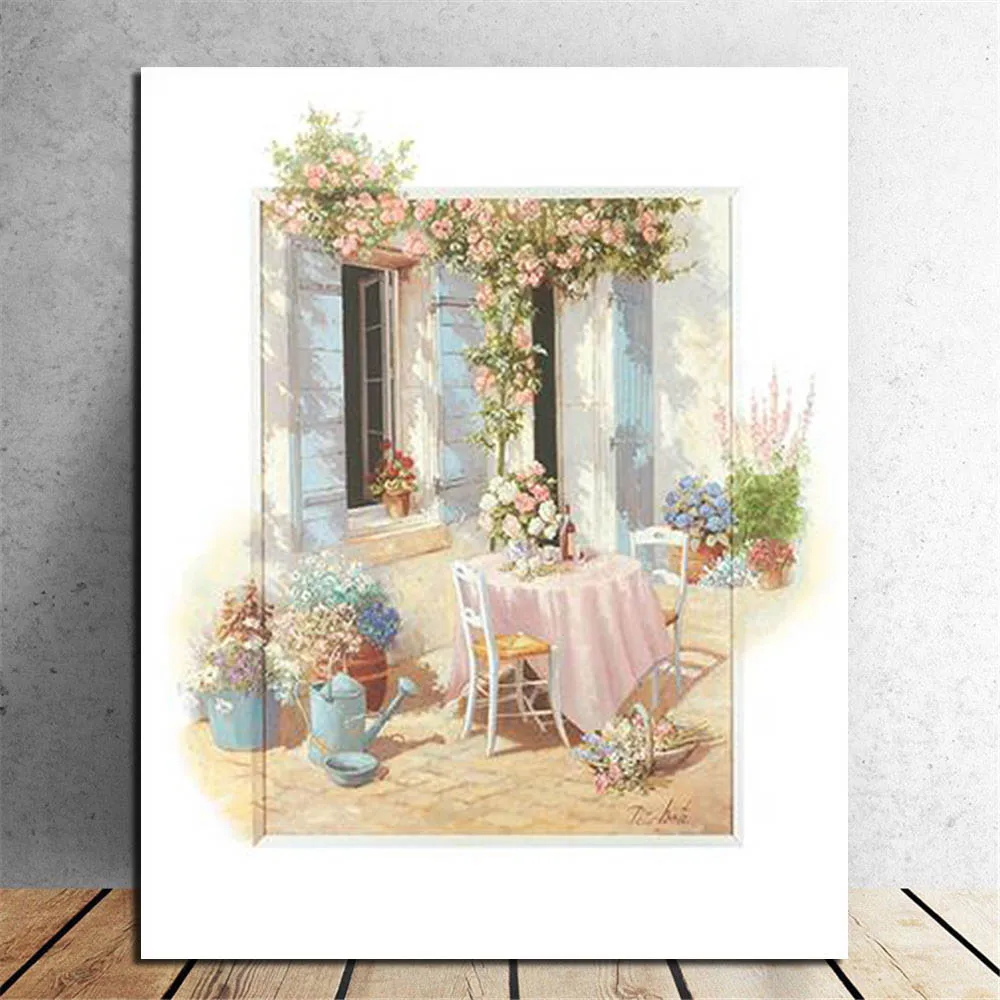 

Landscape Posters and Prints Flower House Oil Painting Print On Canvas Mediterranean Scenery Wall Decor Picture for Living Room