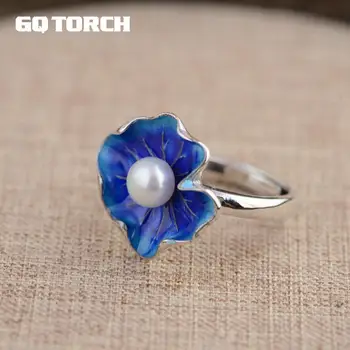

GQTORCH Natural Freshwater Pearl Rings For Women 925 Sterling Silver Jewelry Enamel Flower Green And Blue Color Anel Feminino