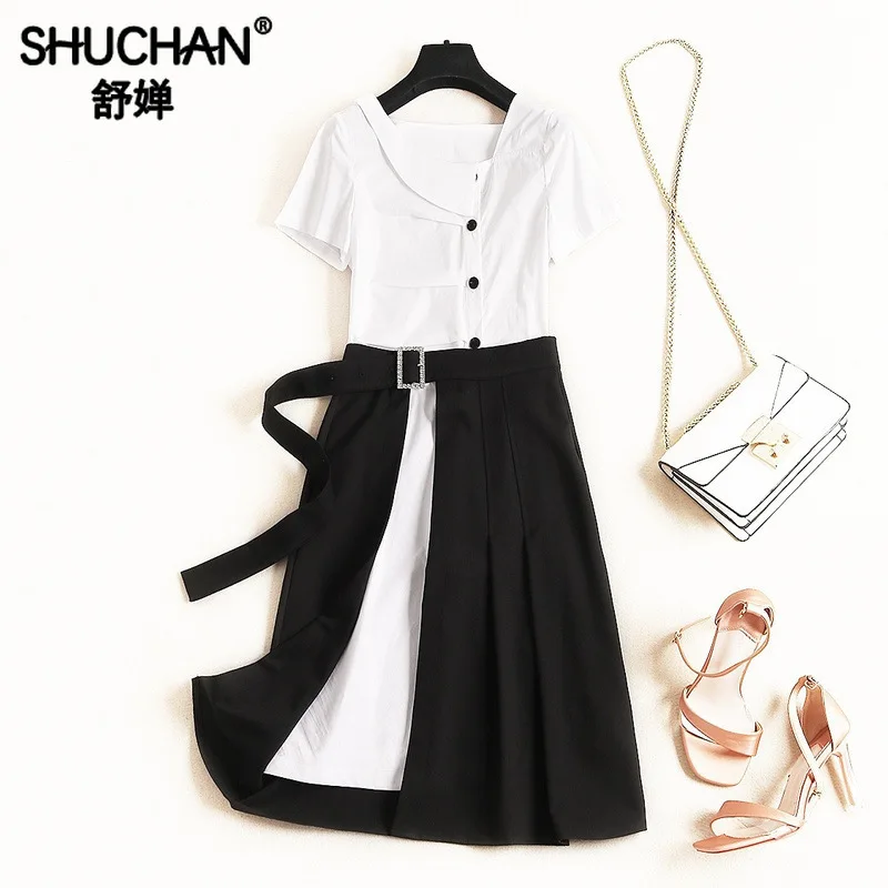 

Shuchan 2019 Designer 2 Pieces Set Summer Women's Suits Cotton Shirt Dress+skirts with Split Clothes for Women Costume 51621