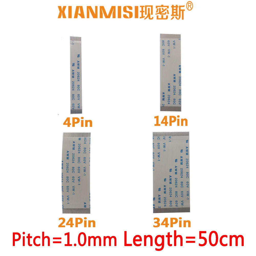 

FFC/FPC Flat Flex Extension Cable 4Pin 14Pin 24Pin 34Pin Same Side 1.0mm Pitch AWM VW-1 20624 20798 80C 60V Length 50cm 5PCS