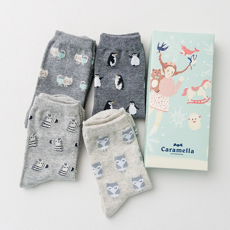 Gift Box women cute cartoon animal series cotton socks for ladies autumn winter fashion socks 4pairs/box