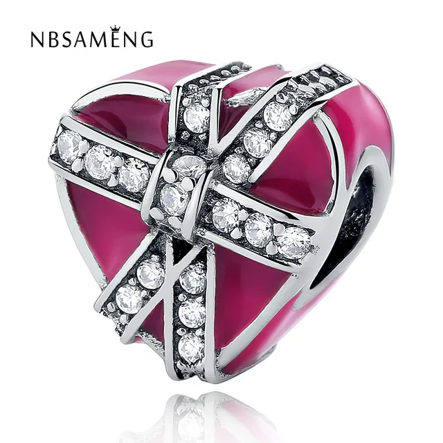 

Authentic 100% 925 Sterling Silver Crystal Beads Magenta Present of Love Charm Fit Women Pandora Bracelets & Bangles DIY Jewelry