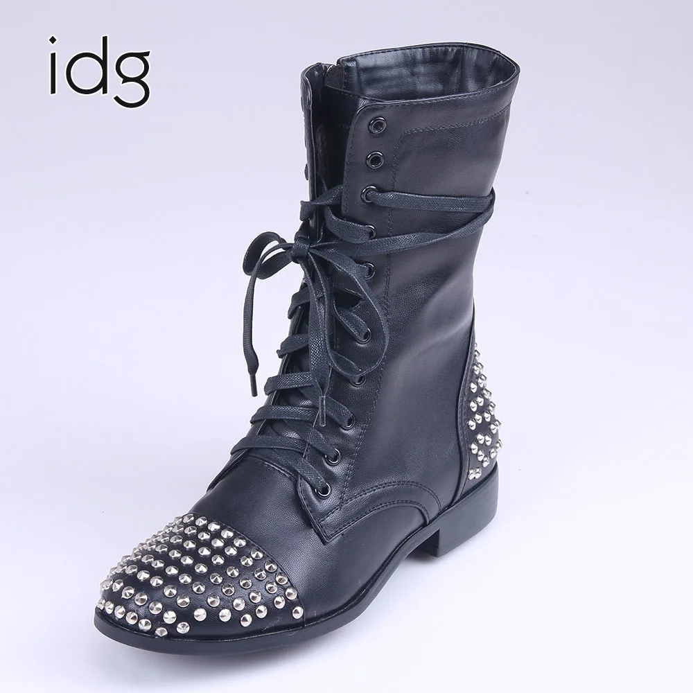 Idg Brand Women 's Black Rivet Leather Flat Bottomed Ankle Boots With Zipper Plus bota feminina