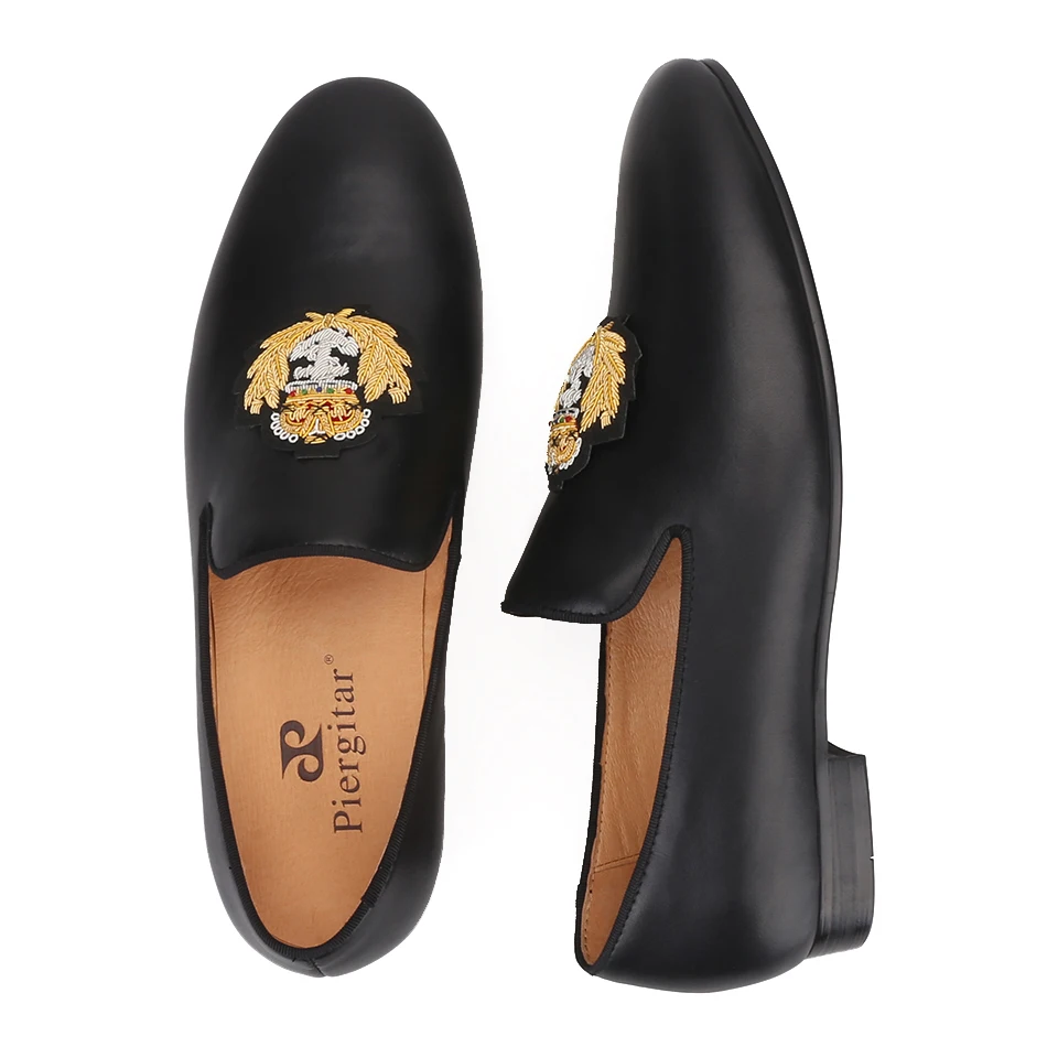 Piergitar New Cow leather men loafers with gold luxurious India embroidery party and wedding men's dress shoes smoking slippers Piergitar New Cow leather men loafers with gold luxurious India embroidery party and wedding men's dress shoes smoking slippers