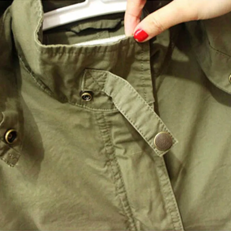 Drawstring Waist Patch Sleeve Utility Jacket Green Single Breasted Autumn Womens Jackets Coats