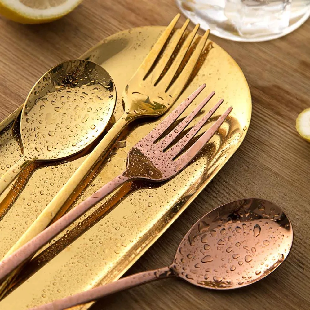 

Stainless Steel Dinnerware Dinning Forks Gold Salad Spoon Set Long Handle Korean Spoons Kitchen Tools