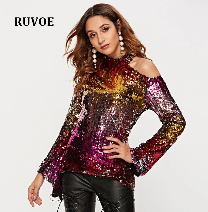 

High Quality Fashion Sequined Blouse Women's Long Sleeve Turtleneck Cut Out Womens Tops And Blouses Sexy Sheer Shirt SP-012
