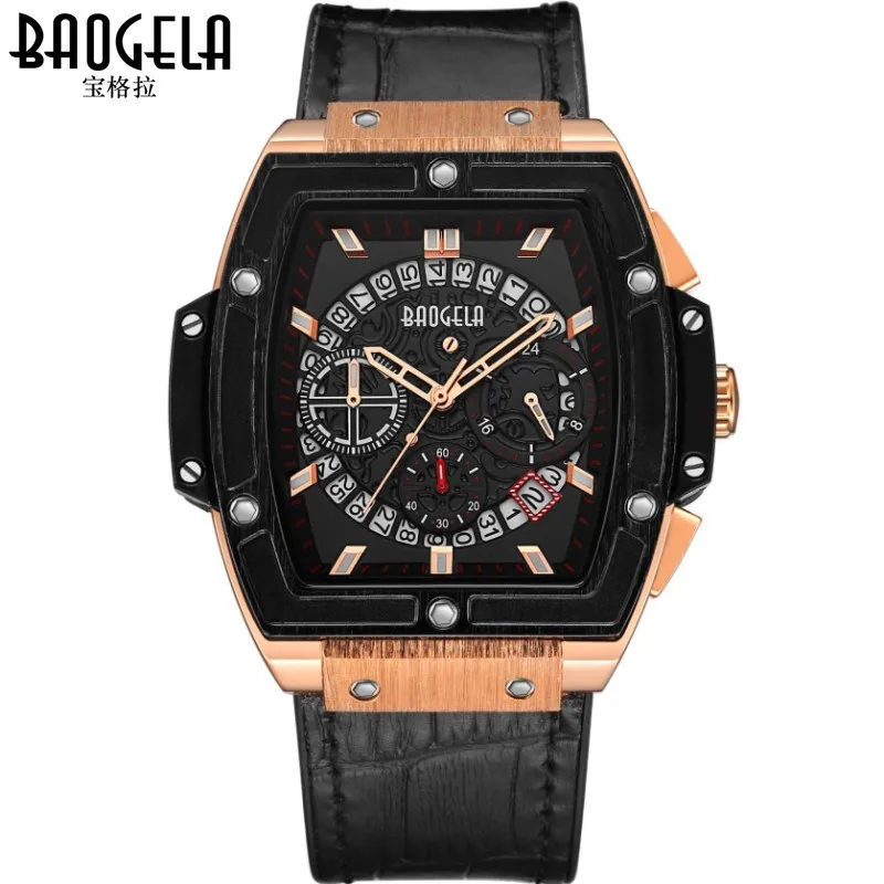 

mens wristwatches quartz square genuine leather man Multifunction clocks Baogela brand watches waterproof calendar