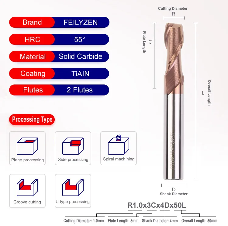 FEILYZEN HRC55 твердосплавный токарный фреза с покрытием из тиаина, фреза с плоским концом, 2 флейты из вольфрамовой стали, фреза с ЧПУ, Фрезы с ЧПУ